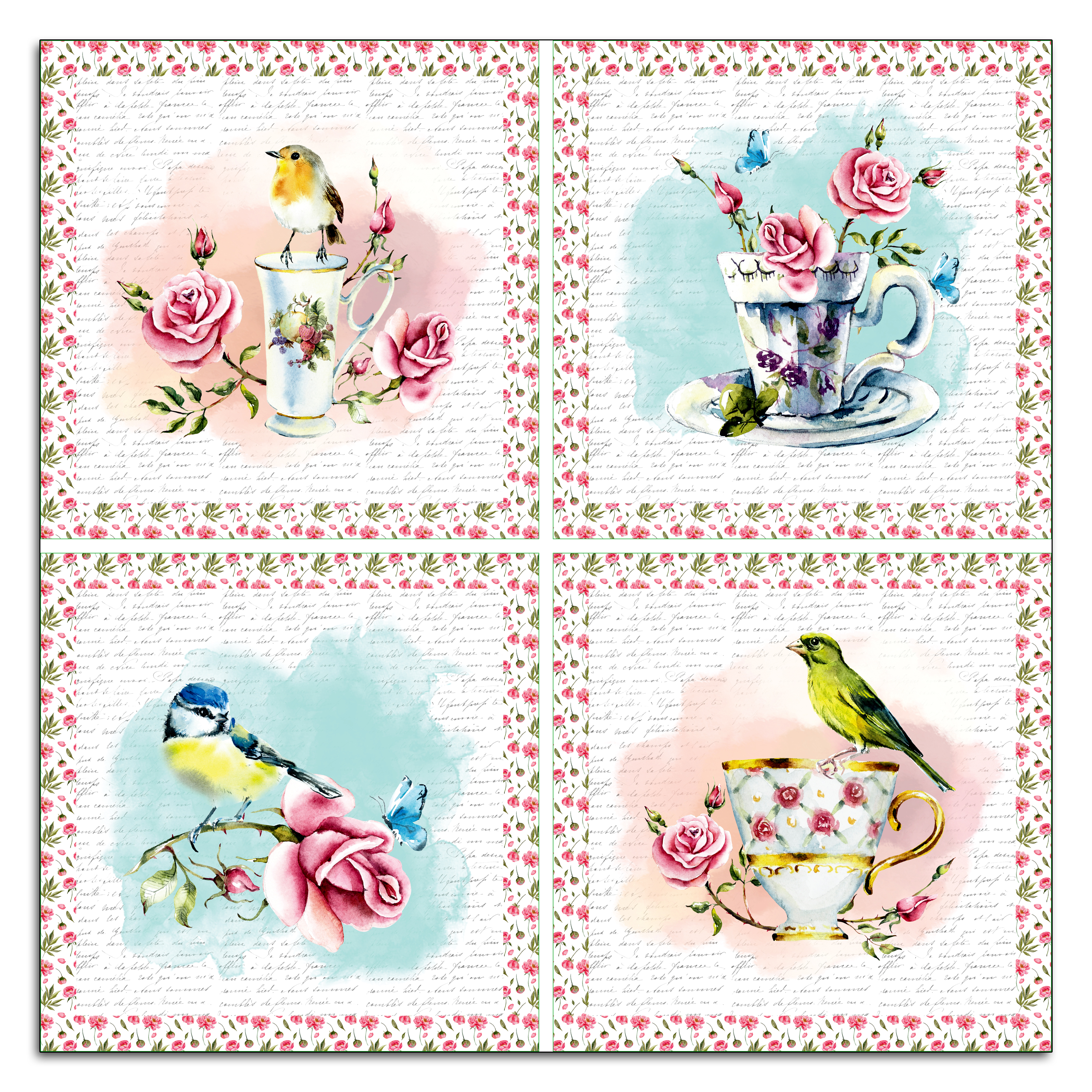 Birds and Teacups Quilt Top Panel - with Free cushions panel! - Image 2