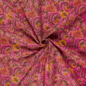 Modelo Fabrics - Yellow On Pink Floral Indian Block Print In Cotton