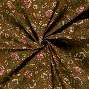 Modelo Fabrics -  Red On Olive Floral Indian Block Print In Cotton