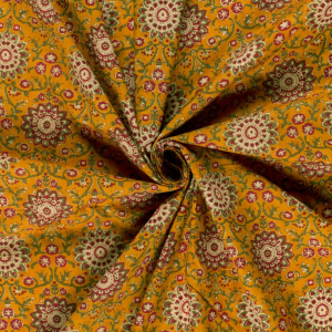Modelo Fabrics -  Green And Red On Ochre Floral Indian Block Print In Cotton