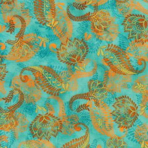 Robert Kaufman Fabrics - Golden Feathers Aqua Metallic