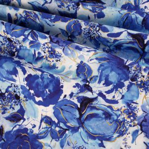 Robert Kaufman Fabrics - Cobalt Bliss Gold Metallic: Blue Petals on White