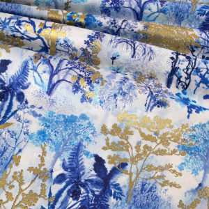 Robert Kaufman Fabrics - Cobalt Bliss Gold Metallic: Blue Woodland on White