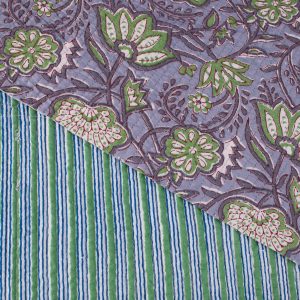 Exclusive Quilted Indian Block Print Cotton - Blue Grey Floral and Green Stripe