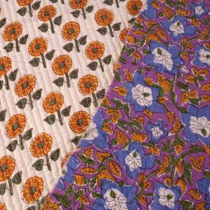 Exclusive Quilted Indian Block Print Cotton - Purple Floral White Marigold