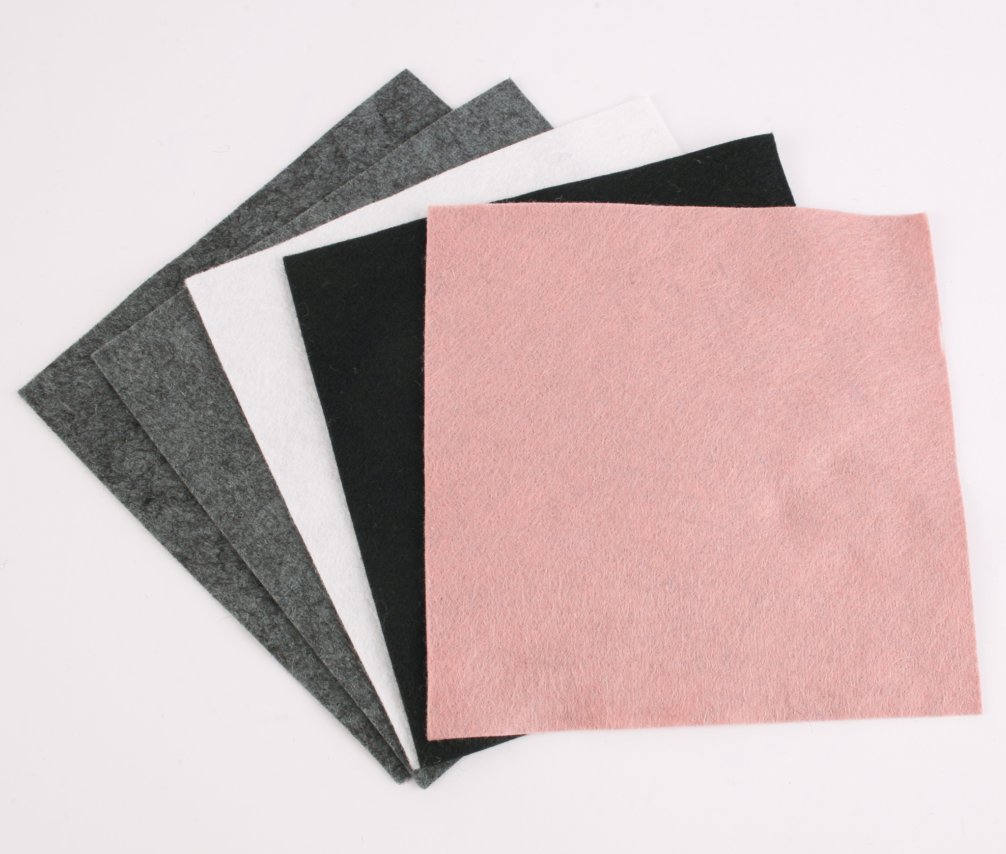 Five x 6" Wool/Viscose Felt Squares - Grey, Black, White and Pink