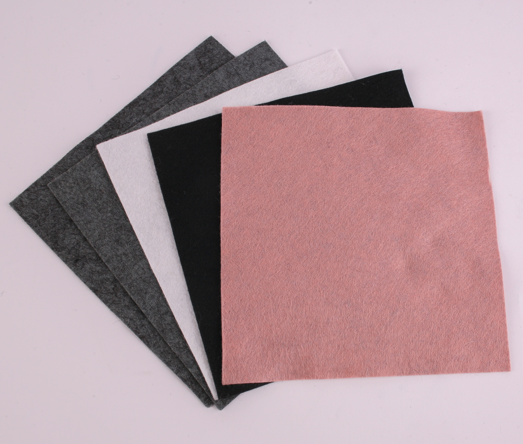 Five x 6" Wool/Viscose Felt Squares - Grey, Black, White and Pink