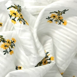 Lightweight Cotton Embroidery Stripe Flowers Yellow