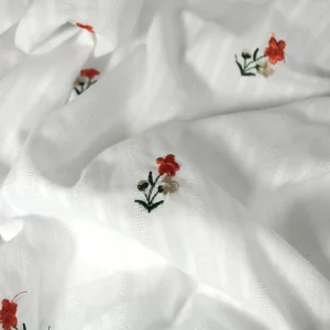 Lightweight Cotton Embroidery Stripe Flowers Red