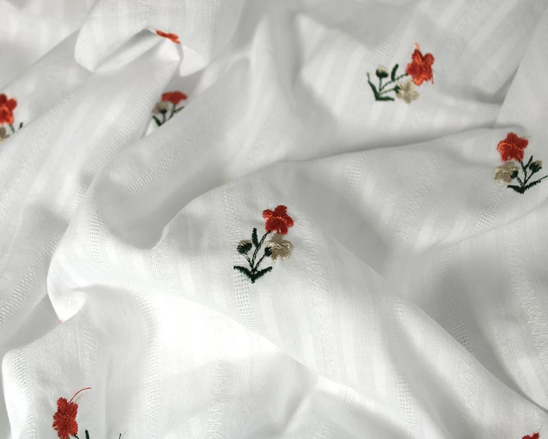 Lightweight Cotton Embroidery Stripe Flowers Red