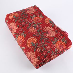 2.3m Last Piece Exclusive Quilted Indian Block Print Cotton - Burgundy Red Floral and White