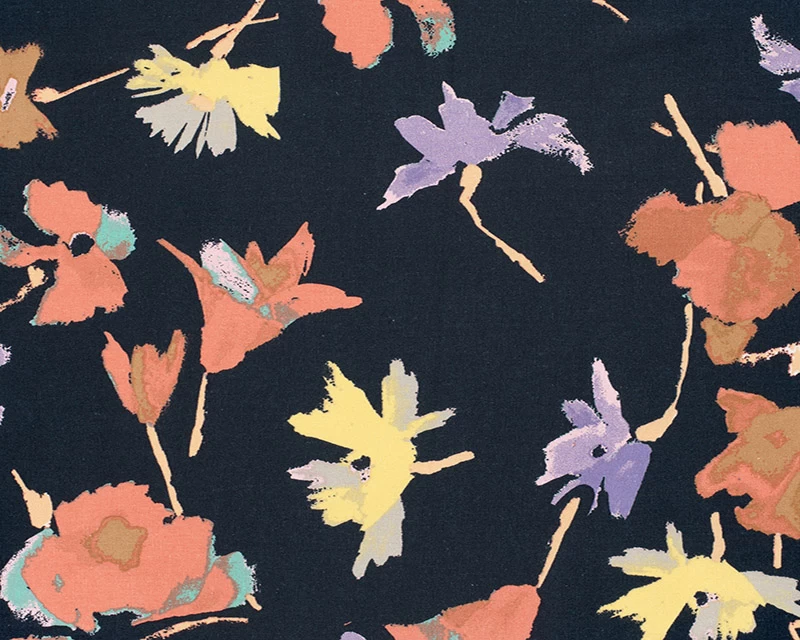 Linen Viscose Printed Flowers - Dark Navy