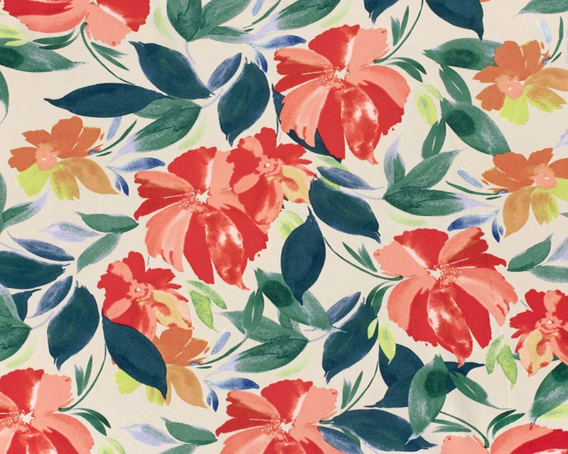 Viscose Satin Printed Flowers - Coral