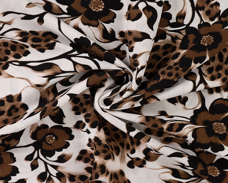 Slub Rayon Floral Leopard Print - Off White and Brown - Image 2