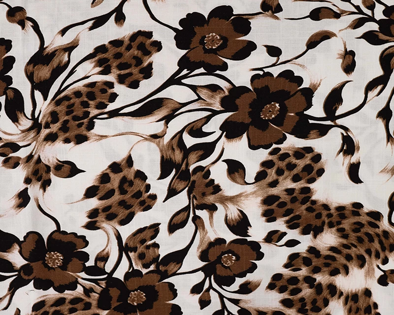 Slub Rayon Floral Leopard Print - Off White and Brown - Image 3