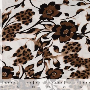 Slub Rayon Floral Leopard Print - Off White and Brown