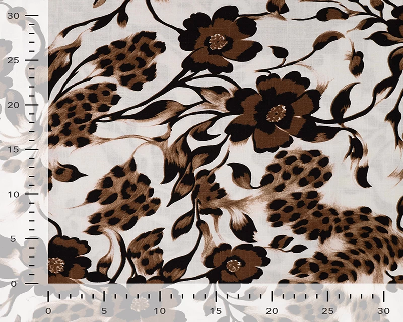 Slub Rayon Floral Leopard Print - Off White and Brown