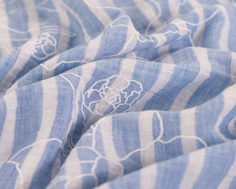 Linen Look Embroidered Print - Blue - Image 2