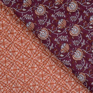 Quilted Fabric - Burgundy Floral Orange