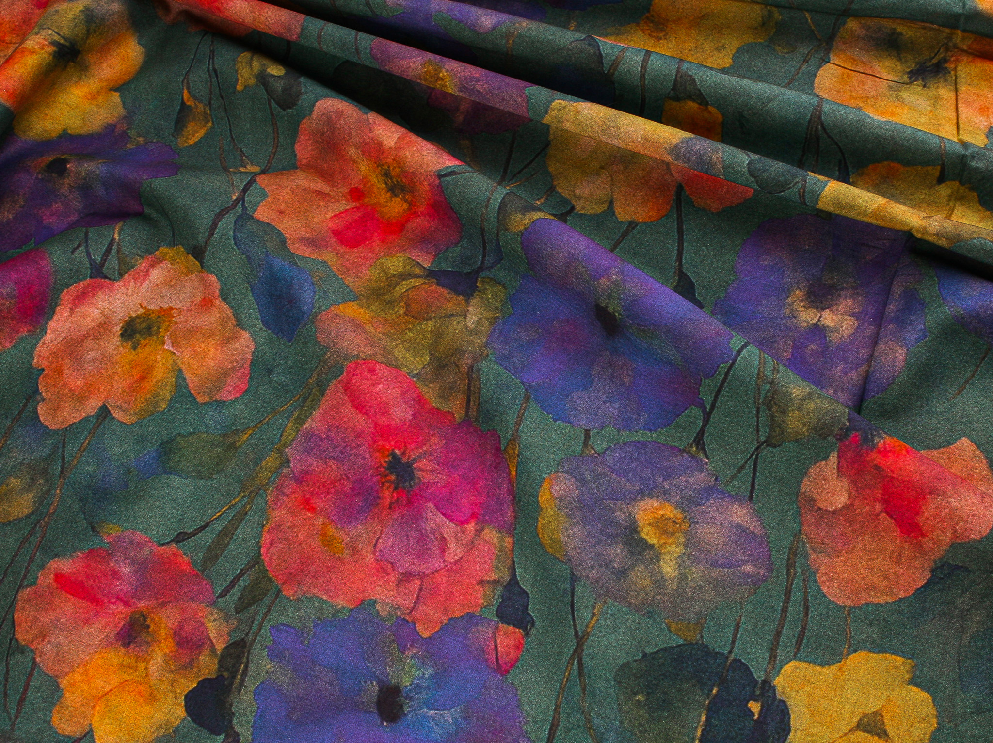 Digital Cotton Lawn Print - Teal Watercolour Flowers