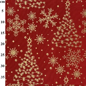 John Louden Christmas - Gold Trees and Snowflakes on Red
