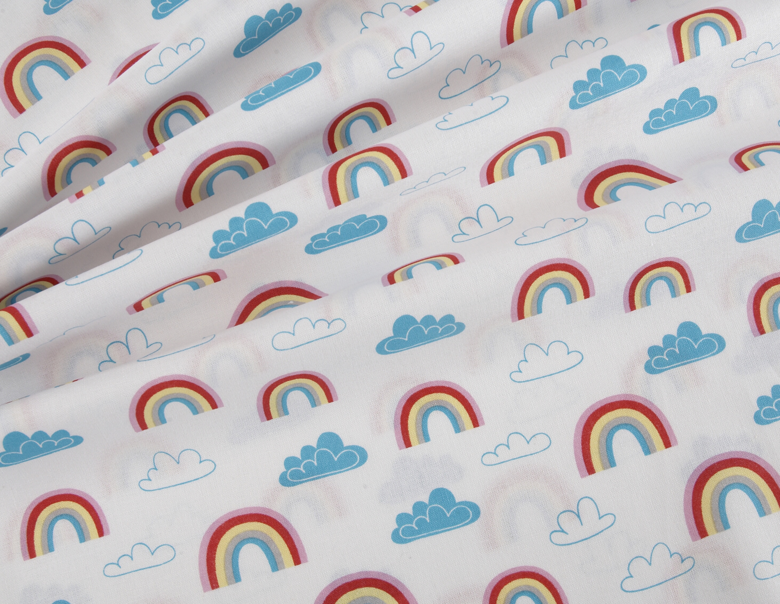 Rainbows and Clouds - White Cotton Fabric (price per half metre)
