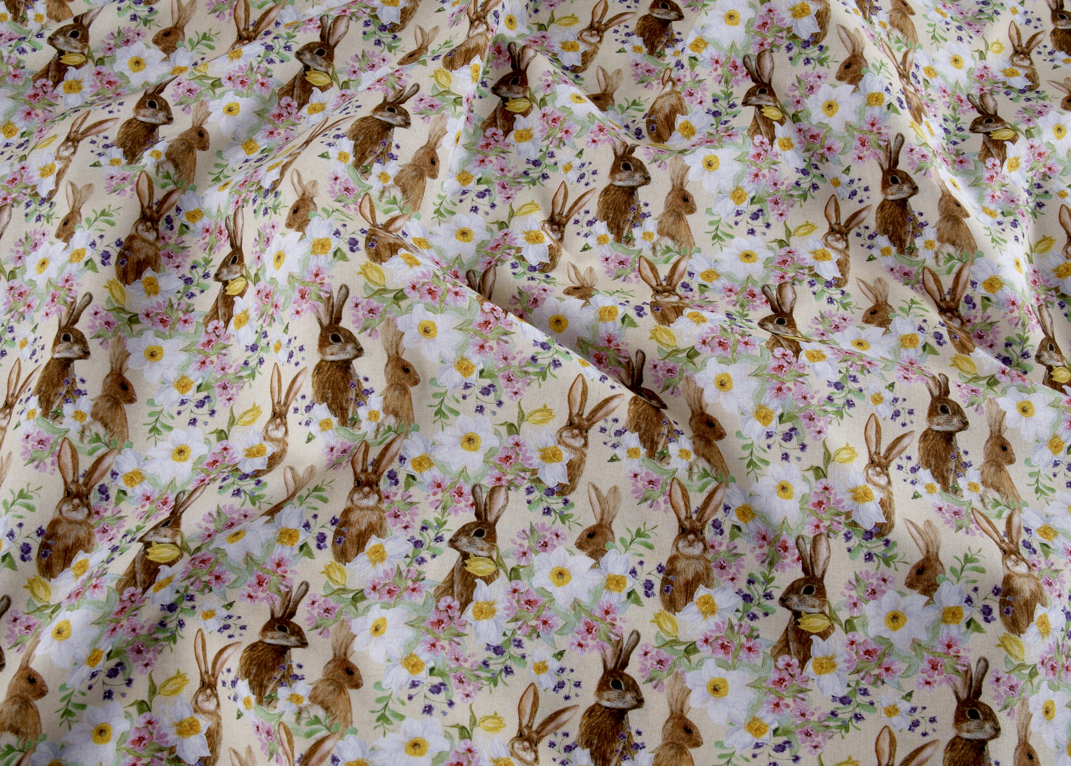 The Little Johnny - Digital Cotton Bunnies & Flowers on Pale Yellow